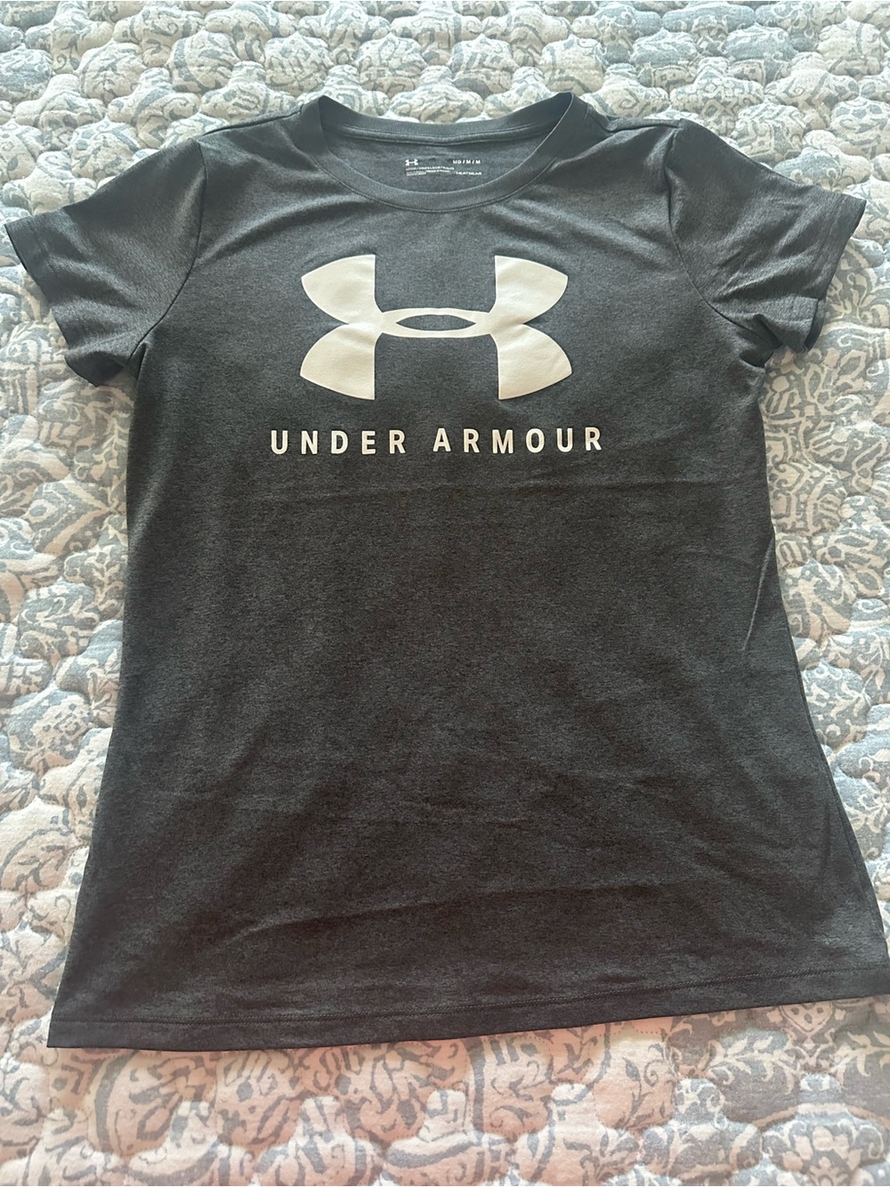 Under Armour Dark Gray Tee with Large White Logo women’s size M ( like new)